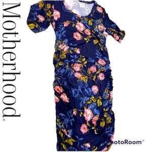 MOTHERHOOD, maternity floral, blue, and pink long dress with ruched sides large